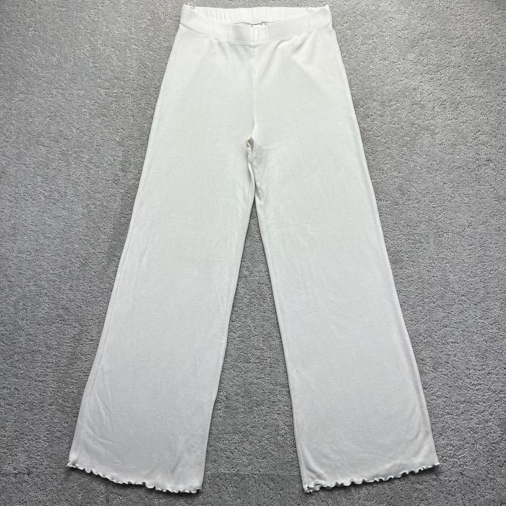 H&M Pants Womens Small White Ribbed Knit Wide Leg Lettuce Hem Relaxed Loungewear